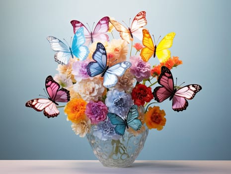 Vibrant colorful spring flowers in transparent vase decorated with silk butterflies. Generative AI.