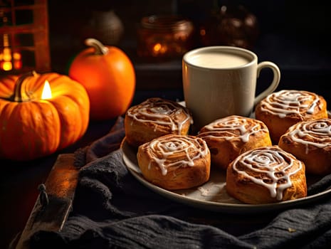 Freshly baked halloween cinnamon rolls with spider web ornament with cup of coffee and orange halloween pumpkins in the background. Generative AI.