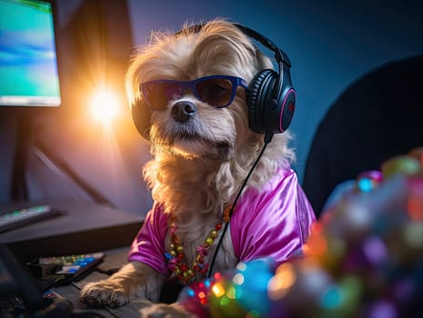 DJ dog in headphones and sunglasses mixing sounds at the party. Generative AI.