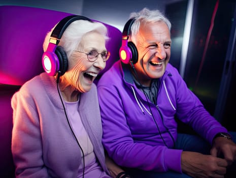 Cute retired gray haired senior couple in vibrant clothes and headphones laughing while jamming listening to the music at the birthday party. Generative AI.