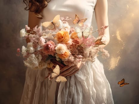 Close up photo of woman hands holding an elegant bridal bouquet with real flowers and decorated with silk butterflies. Generative AI.