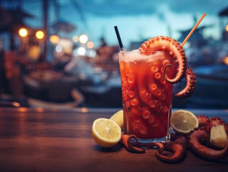 Tall glass of creepy Halloween party Bloody Mary cocktail with octopus tentacles and lime, blurred bar festival lights in the background. Generative AI.