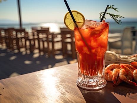 Michelagua tasty non-alcoholic cocktail drink with shrimps staying on bar deck with seashore view in the background. Generative AI.