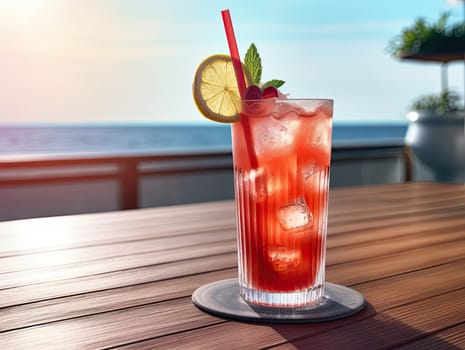 Red iced tasty cape cod sea breeze cocktail mocktail on bar deck with seashore view in the background. Generative AI.