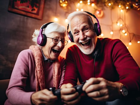 Cute retired gray haired senior gamers couple in vibrant clothes laughing and playing video game at the birthday party. Generative AI.