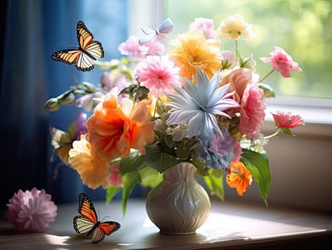 Vibrant colorful spring flowers in a vase decorated with silk butterflies. Generative AI.
