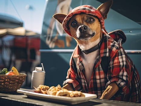 Construction worker handyman dog in a flannel shirt enjoying lunch from food truck. Generative AI.