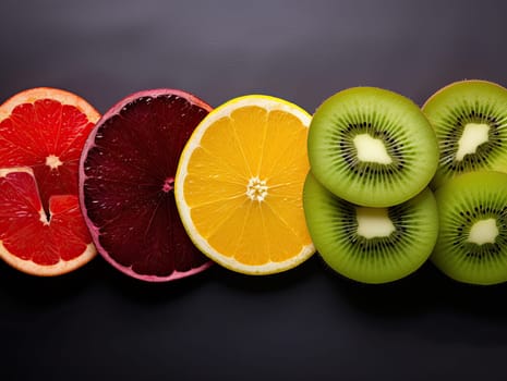 Closeup image fresh sliced in half fruits collection on black background. Top view grapefruits, kiwis, oranges, tangerine, lemons. Generative AI