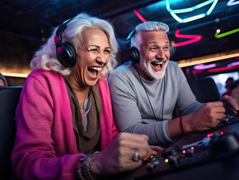 Cute retired gray haired senior couple in vibrant clothes and headphones laughing while jamming listening to the music at the birthday party. Generative AI.