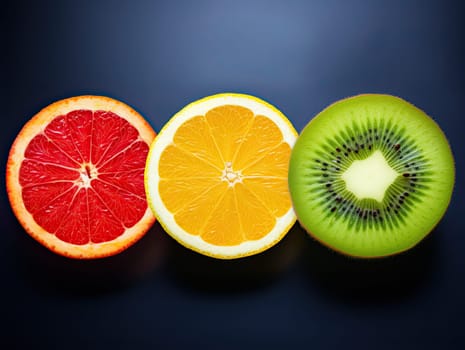 Closeup image fresh sliced in half fruits collection on black background. Top view grapefruit, kiwi, orange. Generative AI.