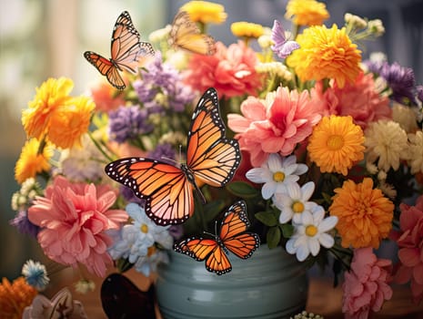 Vibrant colorful spring flowers in a vase decorated with silk butterflies. Generative AI.