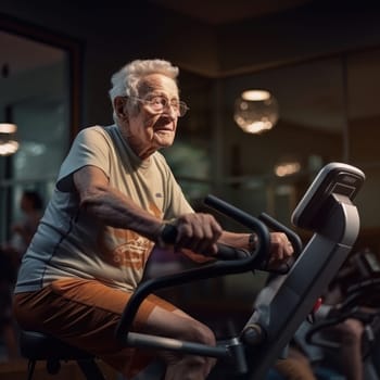Elderly people play sports in the gym. The concept of active recreation