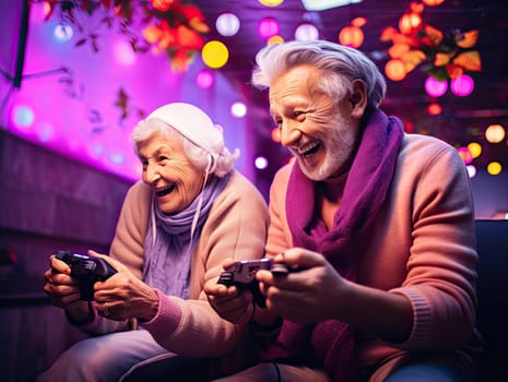 Cute retired gray haired senior gamers couple in vibrant clothes laughing and playing video game at the birthday party. Generative AI.