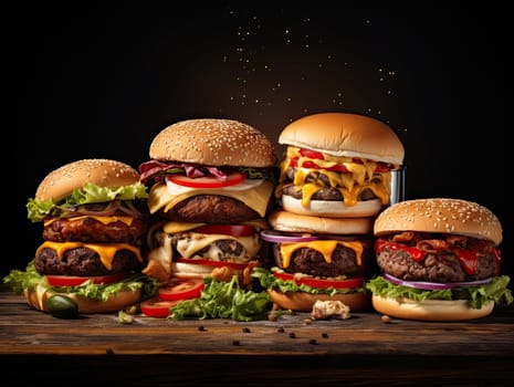 Huge delicious grilled greasy craft beef burgers with cheese, bacon, onion rings, tomatoes, and vegetables on pitch black background. Generative AI.