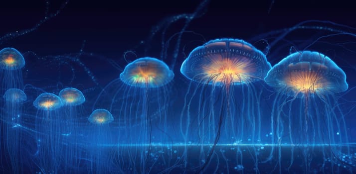Transparent mushrooms or jellyfish. Microcosm of living organisms. The concept of nature