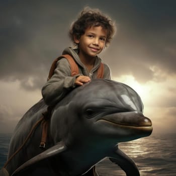 Joyful child top on a dolphin. The concept of therapy