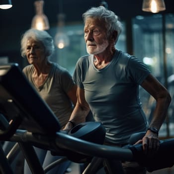 Elderly people play sports in the gym. The concept of active recreation