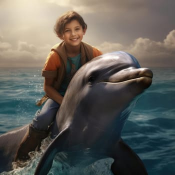 Joyful child top on a dolphin. The concept of therapy