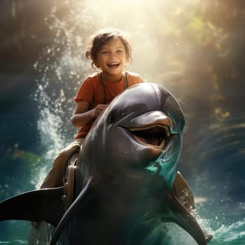 Joyful child top on a dolphin. The concept of therapy