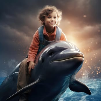 Joyful child top on a dolphin. The concept of therapy