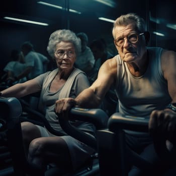 Elderly people play sports in the gym. The concept of active recreation