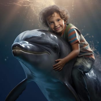 Joyful child top on a dolphin. The concept of therapy