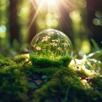 Glass sphere in the forest, grass and sun. The concept of nature conservation