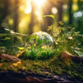 Glass sphere in the forest, grass and sun. The concept of nature conservation