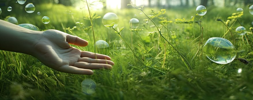 A hand reaches for the grass in a sunny, bright forest. The concept of nature and man
