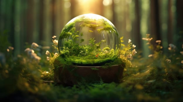 Glass sphere in the forest, grass and sun. The concept of nature conservation