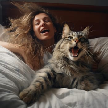 Disgruntled cat in bed screaming