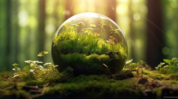 Glass sphere in the forest, grass and sun. The concept of nature conservation