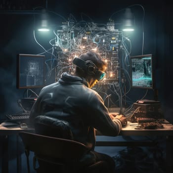 The programmer works on a computer through a neural interface. The wires are connected to the head