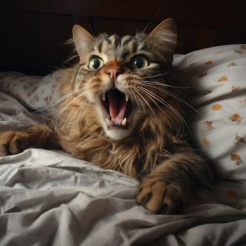 Disgruntled cat in bed screaming