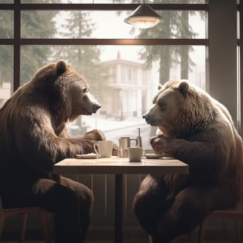 Two bears sit in a cafe and chat