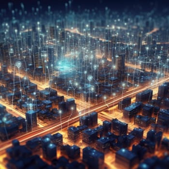 The city of the future with luminous lines. The Concept of Future Connectivity