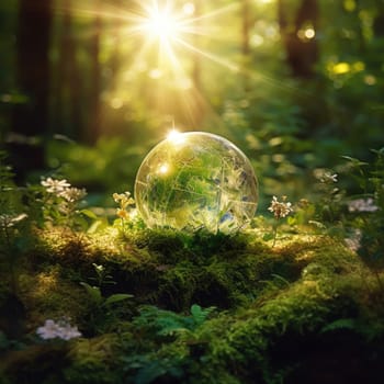 Glass sphere in the forest, grass and sun. The concept of nature conservation