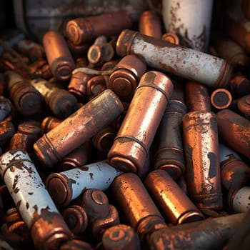 A lot of rusty used batteries. The concept of pollution