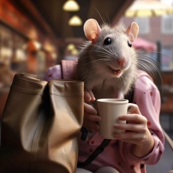 Mouse in a cafe at a table with people