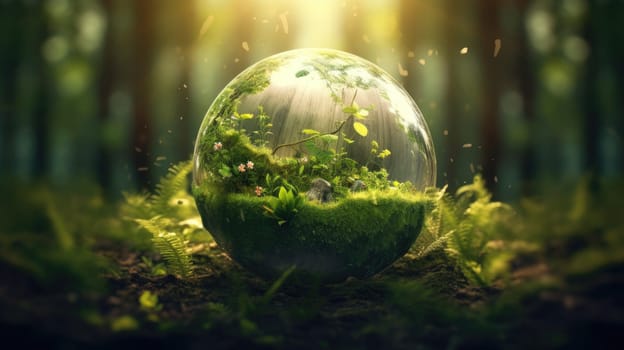 Glass sphere in the forest, grass and sun. The concept of nature conservation