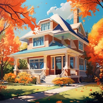 Advertising poster of suburban real estate. Beautiful house on a sunny day