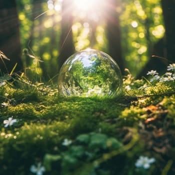 Glass sphere in the forest, grass and sun. The concept of nature conservation