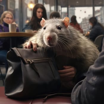 Mouse in a cafe at a table with people