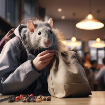 Mouse in a cafe at a table with people