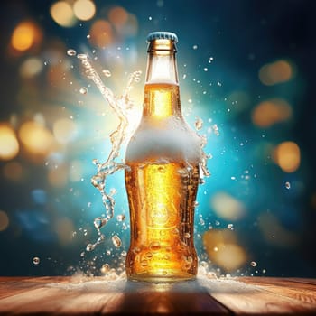 Advertising poster of beer. A bottle of beer on a blurred background