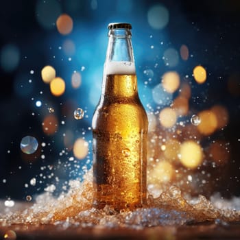 Advertising poster of beer. A bottle of beer on a blurred background