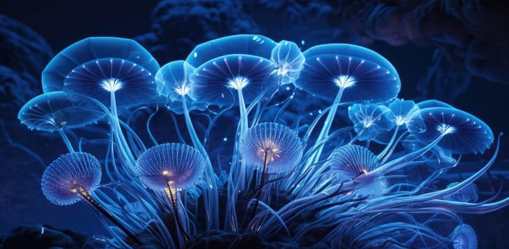 Transparent mushrooms or jellyfish. Microcosm of living organisms. The concept of nature