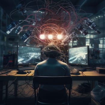 The programmer works on a computer through a neural interface. The wires are connected to the head