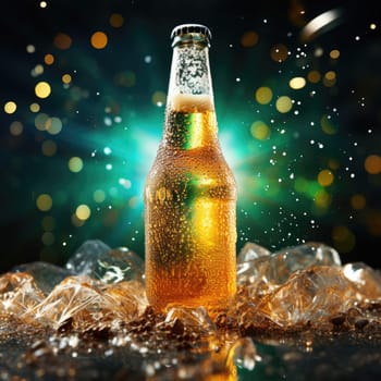 Advertising poster of beer. A bottle of beer on a blurred background