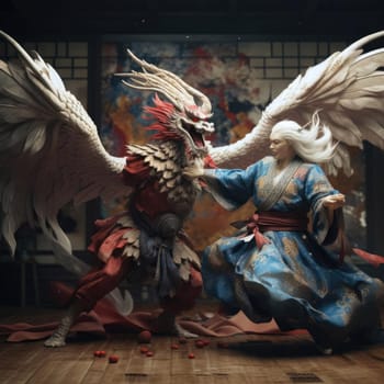 A man fights a dragon on a tatami mat